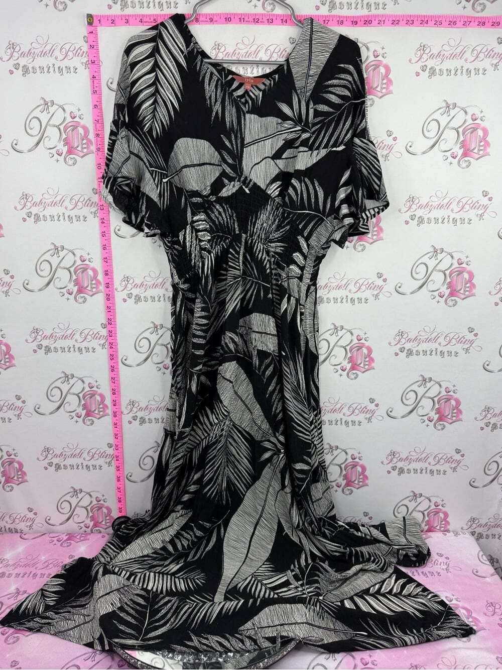 IYLA Black & Ivory Palm-Print Maxi Dress with Flutter Sleeves tropical flowy